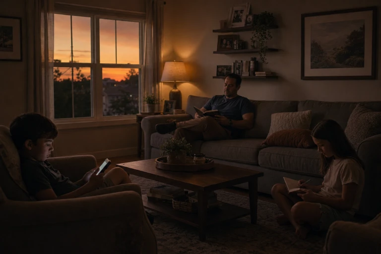 a quiet living room on the evening during sunset hours. The room is lit with a dim soft glow. 3 family members are sitting around, a dad and 2 kids. Each doing their own thing.
