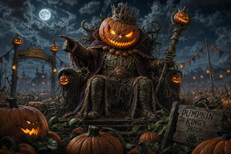 Make a pumpkin patch with a large evil looking pumpkin king in the middle. The art style should be a semi-realistic cartoon with lots of detail