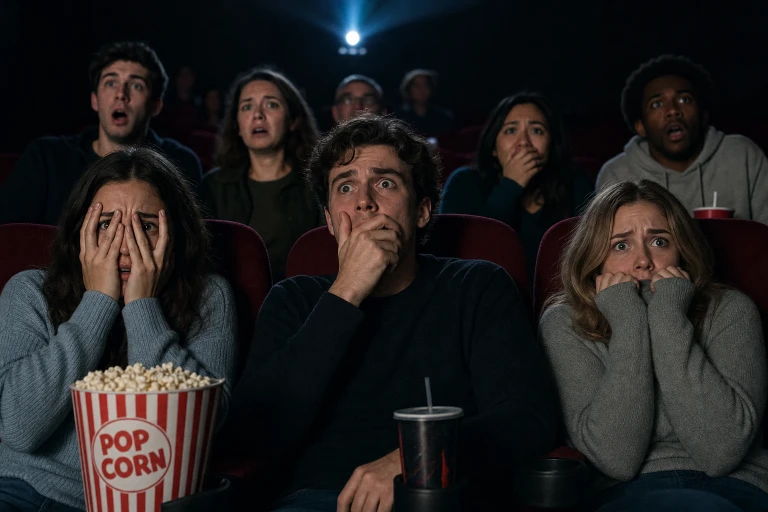people in movie theatre watching a scary movie