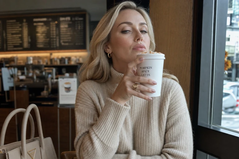 photo of a 30 year old white woman drinking a pumpkin spice latte in a coffee shop. The woman should be blonde, have sweater, and look kind of stuck-up and snoody