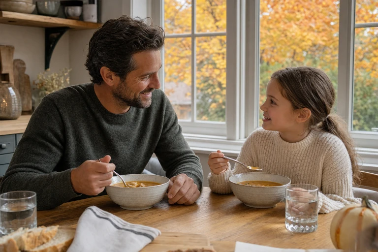 photo of a Dad and daughter sitting at the kitchen table, eating nice warm soup on a cold fall day. Show fall leaves in the windows