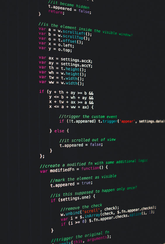 Screen with Code 3 Close-up of a dark code editor showing JavaScript with variable declarations, if statements, and comments about element visibility and event triggering.