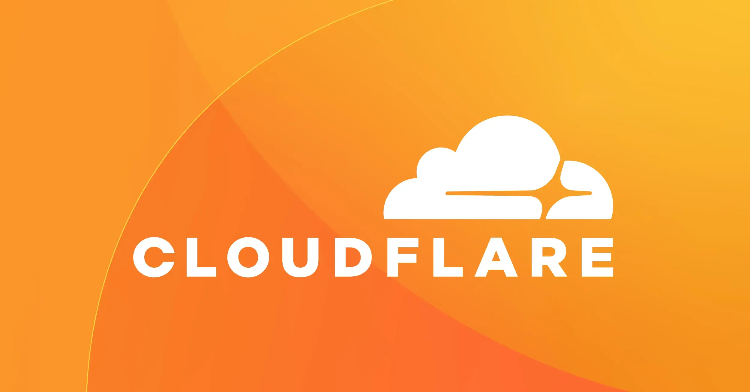White Cloudflare logo and bold "CLOUDFLARE" text on an orange gradient background with curved accents