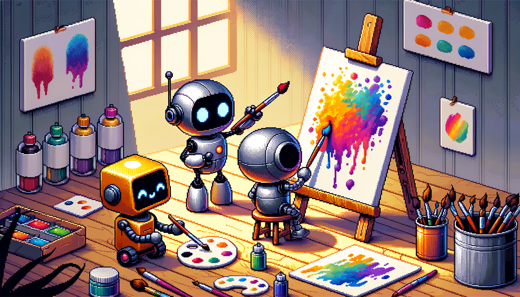 Three small colorful robots painting a bright abstract splash on a canvas in a sunlit art studio surrounded by paints and brushes.