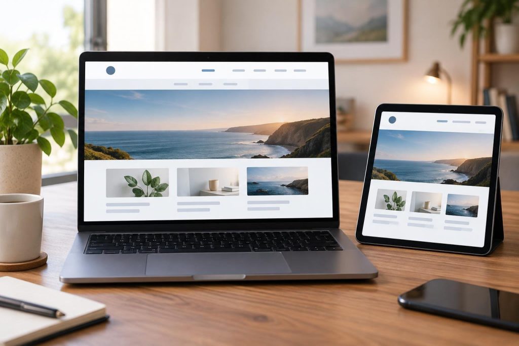 Desk scene showing a clean header with simplified navigation