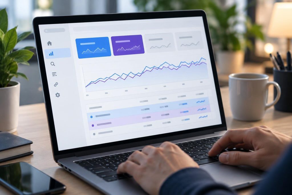Google Search Console performance report on a laptop